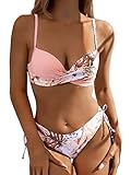 GORGLITTER Bikini Damen Push Up Bikini Mit Bügel Set Badeanzug Mit Tropenmuster Wickel Bikini Set Zweiteiler Badeanzug Bademode Rosa S