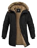 Xnova Winterjacke Herren Parka Lang Warme Gefüttert Fleecejacke Outdoor Winterparka Winddicht Wintermantel Übergangsjacke mit Abnehmbarer Fellbesatz Thermo Wanderjacke, Schwarz, L