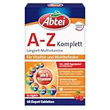 Abtei A-Z Komplett Langzeit-Multivitamine - mit natürlichem Vitamin C - Nahrungsergänzungsmittel für Vitalität und Wohlbefinden - laborgeprüft, hochdosiert und vegetarisch - 1 x 40 Tabletten