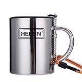HEECN® Camping Becher Mit Deckel und Karabiner - Edelstahl Tasse - Thermo - Kaffeebecher - Doppelwandige Isolierbecher BPA-frei HESS-038BBK 260ml Mit Drehbarem Trinkdeckel
