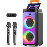 JYX Karaoke Anlage mit 2 drahtlosen Mikrofonen, Großer Lautsprecher Bluetooth mit Rädern und Disco Lichtern, Subwoofer PA System, Party Karaoke Maschine Unterstützung TWS/USB/SD Karte/AUX/Rec