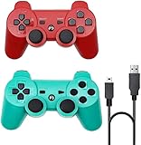 ＲＵＥＩＵＲＩ PS-3 Controller 2 Pack [2025 NEWEST] PS-3 Wireless Controller Playstation 3 Controller Wireless Bluetooth Gamepad with USB Charger Cable for PS-3 Console (Red+Green)
