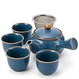 goodwei Japanisches Kyusu Teeset - Seitengriffkanne (320 ml) mit Edelstahlsieb & 4 Teetassen (110 ml) – authentisches Geschenkset für Grünen Tee (Umi)