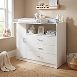 ecomi Wickelkommode Wickeltisch Baby Kommode aus Holz mit Wickelaufsatz, 3 Schubladen, 1 Tür, 100 cm Höhe in Weiß, Wickeltisch 113x100 cm Griffe verchromt