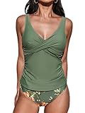 CUPSHE Damen Tankini Set V Ausschnitt Wickeloptik Crossover Tankini Mid Waist Bauchweg Raffung Bademode Zweiteiliger Badeanzug Swimsuit Olivgrün/Blumenmuster L
