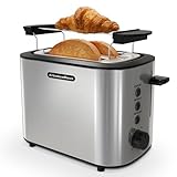 KitchenBoss Edelstahl-Toaster für 2 Scheiben：Toaster mit Brötchenaufsatz und Herausnehmbare Krümelschublade, 6 Bräunungsstufen, mit Abschaltautomatik, Auftaufunktion und Reheat-Funktion, 870W