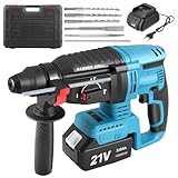 Akku Bohrhammer SDS-Plus 21V mit bürstenlosem Motor, 3000mAh Akku und Ladegerät, 4-in-1 Hammer Drill, Schlagbohrmaschine 26mm, 360° Drehgriff, 5 Bohrer inklusive, für Beton Stein Holz