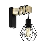 EGLO Wandlampe Townshend 5, Vintage Wandleuchte im Industrial Design, Retro Lampe aus Stahl und Holz, Farbe Schwarz, braun, Fassung E27, FSC Zertifiziert