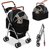 Hundewagen 3 in1,Hunde Buggy Bis 20kg,Tragbarer Faltbar Hund Kinderwagen mit 360° Verschleißfeste Gummiräder und Ablagekorb,Netzfenstern,Getränkehalter,Verstellbarer Griff,für Kleine Hunde & Katz