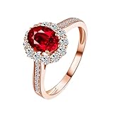 Epinki Echt Trauringe Rose Gold 18 Karat 750, Klassiker Hohl Pärchen Ringe mit Labor Erstellt Rubin 1.1ct Ovalschliff Rot, Moissanit Freundschaftsringe 18K Rosegold, Gr.70 (22.3)