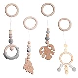 Tutamaz Spielbogen Baby Spielzeug Anhänger ab 0 Monate 4 Stück Anhänger Spielebogen Babies Toys Spieltrapez Baby Gym Holz für Mädchen Jungen Babyspielzeug für Babyschale Kinderwagen Autositz Spielzeug