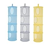 3 Stück Set Hängende Netz-Aufbewahrungstasche, Hängender Speicherkorb Kinder, Hängeorganizer 4 Tier Faltbare Aufbewahrungsnetze, Kuscheltiere Hängeregal Für Spielzeug, Kleine Kleidung (Blau+Gelb+Grau)