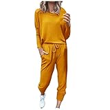 Generico Trainingsanzug für Damen, elegant, Sommer, sportlich, breit, Training, Fitness, Pullover+bequeme Hose, Sweatshirt mit Tasche, Hausanzug für Damen, 2-teilig, sportliches Komplett-Set, gelb, XL