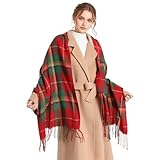 Miss Lulu Damen Schal Winter, weich warm kariert Oversized, Schottenkaro Wolle, lange gedrehte Fransen Stola, Deckenschal für Damen (Rot und Grün)