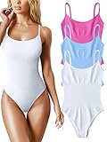 OQQ Damen Yoga Bodysuits Gerippte Einteiler Spaghettiträger Bauchweg Tops Bodysuits, Rose Candyblue White, S