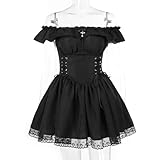 mingxinshangdian Gothic Dark Lolita Gothic A-Linie Korsett Minikleid Schulterfreies Party-Outfit Damen Sexy Spitzensaum Push-Back-Kleid-Schwarz-M