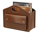 HofferRuffer Leder Zeitschriftenhalter mit Griff, Faltbarer Zeitungshalter mit Kleiner Vordertasche, Aufbewahrungskorb 35*28*15.2cm Braun