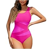 Badeanzug Damen Einteilige Bauchweg Große Größe Rundhals Bademode Gepolstertem BH Sexy Mesh Strandmode Sport Badebekleidung Swimsuits Frauen One-Piece Swimwear