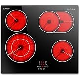 Karinear Keramikochfeld 4 Platten Einbau mit mit Ovalbrenner, Elektrokochfeld 60 cm mit Touch-Steuerung, Glaskeramikkochfeld 4 Zonen mit Timer, Kindersicherung, Pause, 6600W, 220V-240V, Kein Stecker
