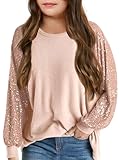 Haloumoning Mädchen Pailletten Sweatshirt Langarm Pullover Kinder Leichtgewicht Sport Kleidung Mode Crewneck Long Batwing Sleeve Langarmshirt Rosa 11-12Jahre
