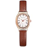 JewelryWe Damenuhr Kleine Ovale Uhren: Vintage Römische Ziffern Analog Quarz Armbanduhr mit Braun Lederarmband Elegant Modische Uhr aus Leder für Damen Frauen