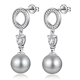 Jiahanzb 925 Sterling Silber Perle Ohrringe für Frauen Cubic Zirkonia Diamant Wasser Tropfen Perle Ohrringe Perlenschmuck für Damen, hellgraue Perle 10MM