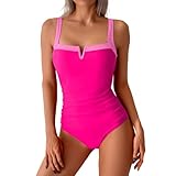 Badeanzug Damen Mit Cups Bikini Schwimmanzug V-Ausschnitt Schlinge Swimsuit Bequeme Swimwear Sexy Bauchweg Einteiliger Badeanzug Atmungsaktive Strandmode Shape Monokinis Elegant Strandbadeanzug