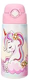 Kioko Trinkflasche Kinder Edelstahl Strohhalm - Thermosflasche 500ml - TÜV geprüft - BPA frei - Auslaufsicher - Thermo Wasserflasche für Schule, Kindergarten (Einhorn)