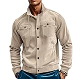 Herren Cordhemd mit Knopfleiste, lässig, langärmelig, leicht, Overshirt, Arbeits-Shacket-Jacke mit Pattentaschen, aprikose, 12XL
