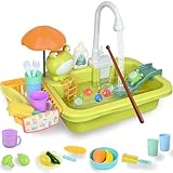 Ulikey Spielspüle Kinder, Küchenspüle Spielzeug Set mit Wasserkreislauf, 2-in-1 Elektrischem Wasserhahn, Schwimmendes Angelspielzeug, Schürze, Spielzeug Zubehör Küche Rollenspiel für Kinder 3+ (Grün)