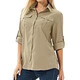 Asfixiado Damen Hemd UPF 50+ UV Schutz Langarmshirt Damen Outdoor Wanderbluse Safari Kleidung Damen Atmungsaktiv Outdoor Cool Quick Dry Sport Oberteile（5070 Khaki XL）