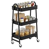 SONGMICS Rollwagen mit 3 Ebenen, Servierwagen aus Metall, Küchenwagen, Küchenregal mit Griffen, 2 Bremsen, einfacher Aufbau, für Malutensilien, Schlafzimmer, Waschküche, schwarz BSC068B01