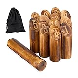 Relaxdays Kubb Wikingerspiel, finnisches Wurfspiel, Holz, Outdoorspiel mit Nummern, Erwachsene & Kinder, Tasche, braun