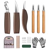 Holz Schnitzwerkzeug Set, 10 in 1 Schnitzmesser Set mit 6*Messer Schnitzen Stechbeitel, Schnittfeste Handschuhe, Ölwachs, Polierband, Aufbewahrungstasche, Ideales Schnitzset für Anfänger und Profis