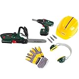 Theo Klein 8577 Bosch Bauarbeiter-Set I Akkuschrauber und Kettensäge mit Licht und Sound I Inkl. Zubehör wie Helm, Handschuhe und Ohrenschützer I Spielzeug für Kinder ab 3 Jahren