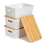 APOMOONS 3er-Set Aufbewahrungsboxen mit Bambus Deckel Bad 5L Korb Plastikbox Weiß 25x18x10cm Lidded Stapelboxen Badezimmer Aufbewahrungsboxen Rattan Organizer Box Besteckkasten Camping Kunststoff