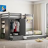 SACOOL Etagenbett aus Massivholz 90X200cm mit Ausziehbett, multifunktionales Kinderbett mit Kleiderschrank, Schubladen und Ablagefach, Grau