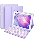 Vobafe Hülle mit Tastatur Kompatibel für iPad 9./ 8. /7. Generation 10.2 Zoll mit Stifthalter, Magnetisch 7 Farben Beleuchtung, Wiederaufladbar Abnehmbarer QWERTZ iPad Tastatur, Lavendel