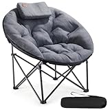 EVER ADVANCED Luxus Moonchair XXL Campingstuhl Faltbar 150KG Belastbar Rund Klappstuhl Dick Gepolstert, Übergroßer Campingsessel mit Kissen, Extra Breit für Outdoor Camping Garten Balkon Indoor, Grau