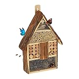 Relaxdays Insektenhotel, Verschiedene Füllmaterialien, Nisthilfe Hausform, Wildbienenhotel HxBxT 40,5 x 27 x 8 cm, Natur
