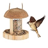Relaxdays Vogelfutterspender Holz, zum Aufhängen, Vogelhaus für Balkon & Garten, handgefertigt, HxD: 17 x 14,5 cm, Natur