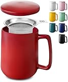 Cosumy Teetasse mit Deckel und Sieb - 500ml Tee Tasse groß - Keramik Rot - Hält Lange warm - Spülmaschinenfest