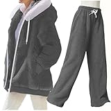 YCBMINGCAN Hausanzug Damen Winter Flauschig, 2 Teilig Set mit Kapuzenjacke und Hose, Warmer Teddy Fleece Zweiteiler, Kuscheliger Freizeitanzug Weites Bein