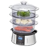 Clatronic DG 3547 elektrischer Dampfgarer, Steam Cooker, Reiskocher, Dampfgarer mit 3 Dampfgarbehältern inkl. Reis-Schale, Digital-Timer, LCD-Display, Netz-Kontrollleuchte, schwarz/edelstahl-Optik