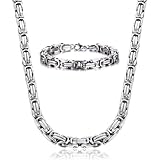 CCAIPU Edelstahl Silber Königskette Set, 5MM Halskette Armband Silberkette Mode Byzantinische Plattenkette für Herren (50cm)