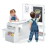 COSTWAY 6 in 1 Kinder Staffelei Set, Standtafel aus Holz mit doppelseitiger Kreidetafel & Whiteboard & Papierrolle, Kindertafel höhenverstellbar mit Bank, Ablagen für Kinder ab 3 Jahren (Hellgrau)