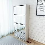 Hoopleep Schuhschrank mit Spiegel, 4 Klappfächern, schmal, Weiß, 63x17x134 cm, Wandmontage, Holzwerkstoff, ideal für Eingangsbereich Aufbewahrung