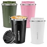 Kaxtde 4 Stück Reisebecher, 380 ml, isolierte, wiederverwendbare Kaffeetassen mit auslaufsicherem Deckel, Vakuum-Edelstahl-Thermobecher für kalte / heiße Getränke, Kaffee- und Teetassen für Reisen,