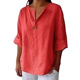 Damen Hemd Baumwolle Leinen Button Down Shirt V-Ausschnitt Roll-up 3/4 Ärmel Loose Fit Casual Work Bluse Vielseitiges Oberteil für den täglichen Gebrauch, rot, XXL