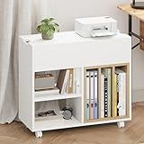 Rollcontainer mit Abnehmbarer Bücherablage,Mobiler Aktenschrank mit 4 Rollen, 2 Klappdeckeln und 2 offenen Fächern,Büroschrank, Druckertisch,Holzschrank,Lagerschrank für Büro Arbeitszimmer Wohnzimmer